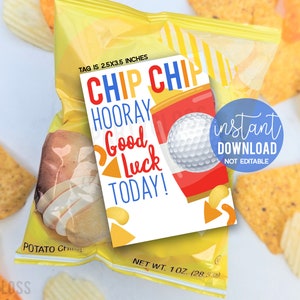 Golf Chip Chip Hoera Veel succes vandaag Afdrukbare cadeaukaartjes Toernooi Uitnodiging Schoolwedstrijd Snacks Teamcursus Zak chips Tag Teamgenoten