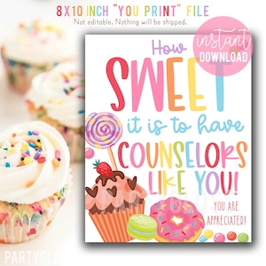 Counselor Appreciation Print | Ratgeber Mittagessen Wertschätzung | Cupcakes Donuts Zeichen | Personal Wertschätzung PTO PTA | Sommercamp Sportcamp