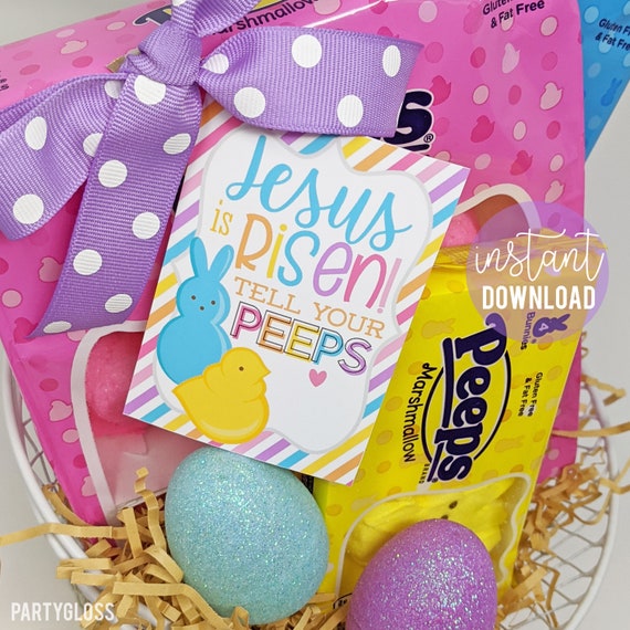 Easter Printable Tags, Jesus Is Risen Tell Your Peeps Tag, Funny Christian Youth Group Treats Sunday School Bible Study Youth Pastor Gift