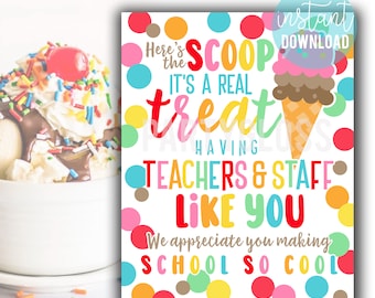 Ice Cream Sundae Bar Teachers And Staff Appreciation Printable 8x10 Sign, School Faculty Lunch Breakroom PTA Teacher Week Here's The Scoop