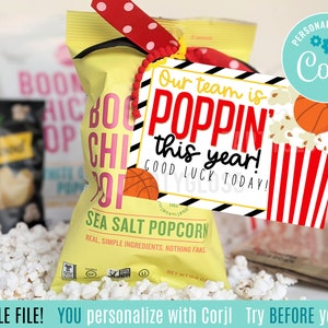 Editable Basketball Printable Good Luck Tags Our Team Is Poppin' Microwave Popcorn Card Gameday Treat Tags Teammates Coach Snacks Big Game