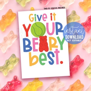Tennis Give It Your Beary Bestes Glück druckbare Geschenkanhänger Gummibärchen Candy Tag Team-Leckereien Turnier Match State Regions Meisterschaft