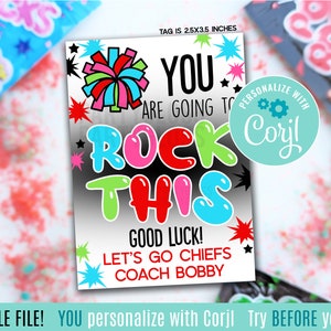 Bearbeitbare Cheer You Are Going To Rock This Good Luck druckbare Geschenkanhänger, Pop Candy Rocks Popping State Tournament Regionals Team Cheerleader