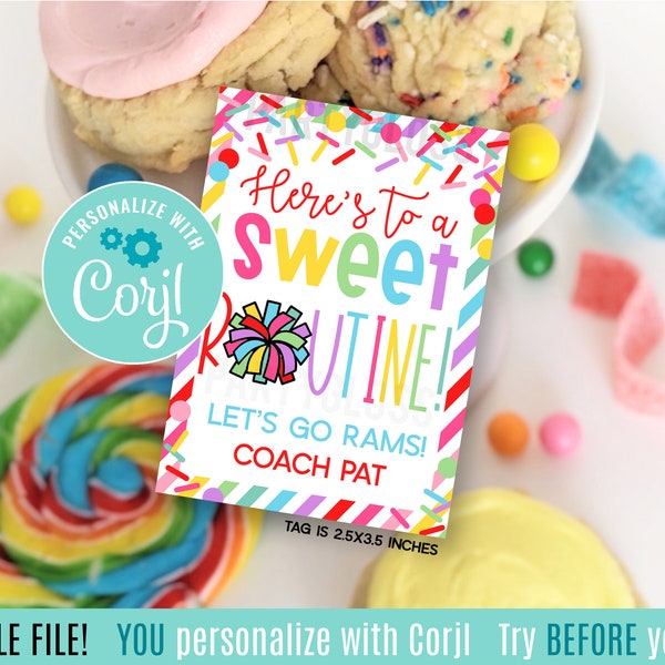 Editable Cheer Here's To A Sweet Routine Printable Gift Tags, Good Luck Competition Meet Jamboree Camp Squad Candy Dance Team Treats Cookies