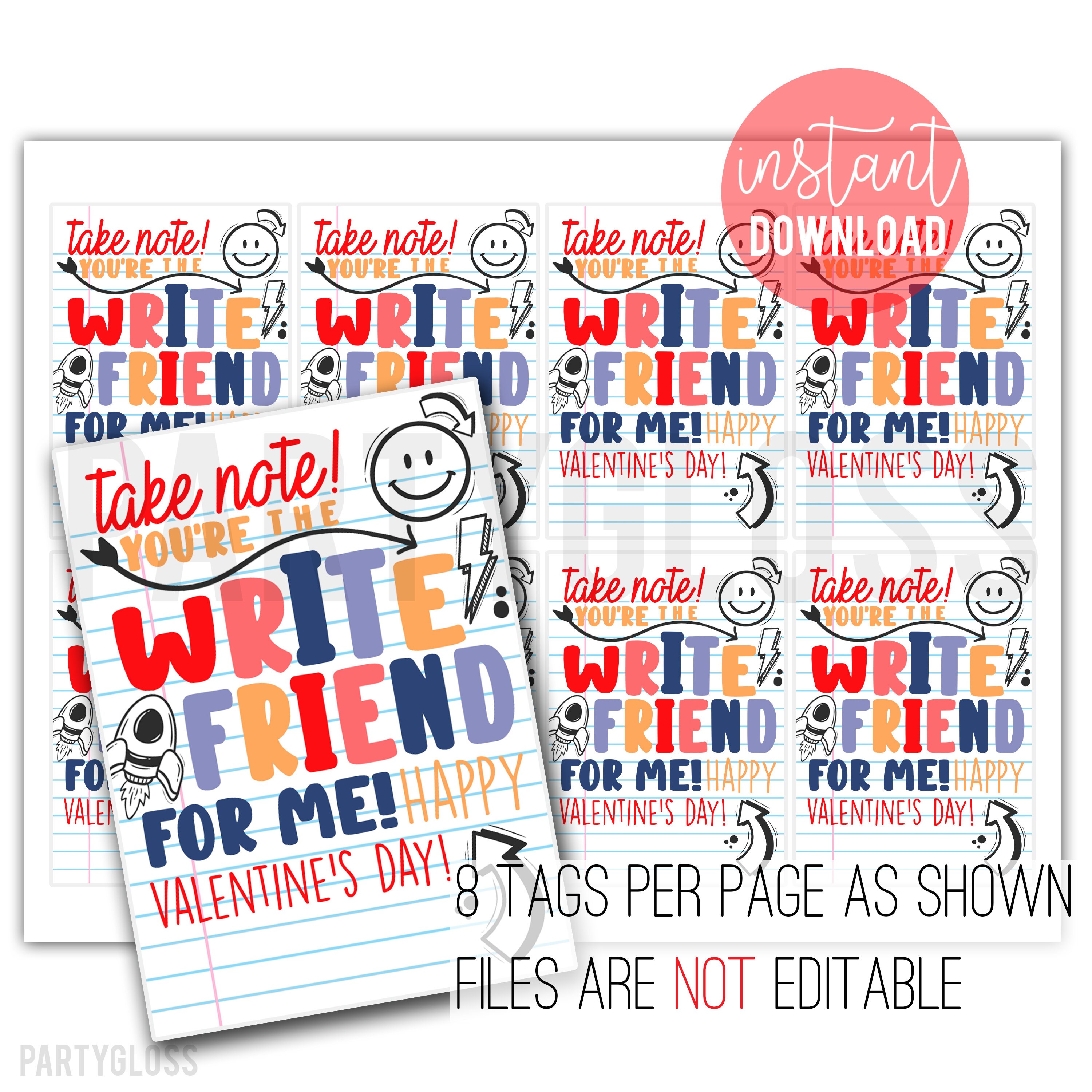 Write Friend Valentine's Day Printable Tags Pencil Pen Take Note Pad ...