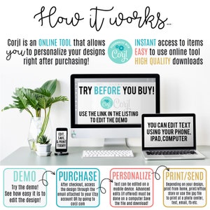 May include: A computer screen shows a graphic with the text "Try Before You Buy!" and "Use the link in the listing to edit the demo". The graphic is surrounded by a blue and green border. The screen is on a desk with a laptop, a plant, and a small phone with the text "Edit, Save, & Print Today!" on the screen.