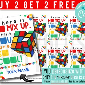 Puede incluir: Juego de tarjetas imprimibles con diseño de Cubo de Rubik. Las tarjetas presentan el texto "There is NO MIX UP. I think YOU are SO COOL! Have a great summer!" y son personalizables con un nombre.