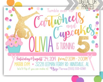 Cartwheels and Cupcakes - Digital or Printed | Gymnastics | Gymnastics Birthday Party | Tumble Invitation | Cupcakes and Cartwheels Invite