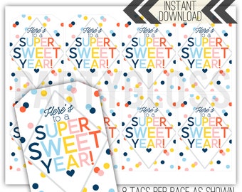 Here's To A Super Sweet Year Back To School Printable Gift Tags, First Day 1st Teacher Appreciation Treat Tag PTA PTO Polka Dots Confetti