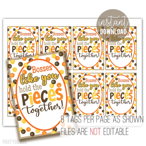 Boss Appreciation Printable Gift Tags, Chocolate Candy Bosses Like You Hold The Pieces Together Tag Manager Team Leader Supervisor Admin Day