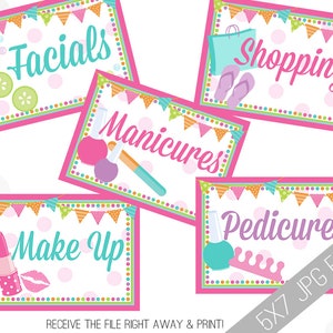 Spa Party druckbares Schild-Paket, herunterladbare Spa-Aktivität Schilder Geburtstag Printables Aktivitäten Gesichts Make-up Pediküre Maniküre