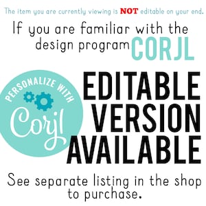 Op de afbeelding: Een turquoise blauwe cirkel met de tekst "PERSONALISEER MET CORYL" en twee blauwe tandwielen. De tekst "BEWERKBARE VERSIE BESCHIKBAAR" is in zwart. De tekst "Zie aparte vermelding in de winkel om te kopen." is in zwart.