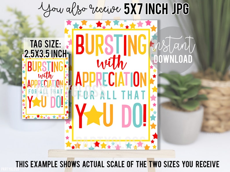 Bursting With Appreciation For All That You Do Printable Gift Tags, Staff Thank You Team Member Employee Teammate Office Volunteer PTA PTO image 3
