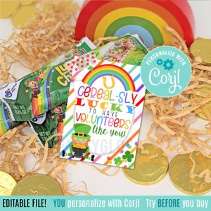 Tag stampabili del giorno di San Patrizio di apprezzamento del volontario modificabile, PTO PTA regalo Lucky Cereal Bar Charity Parent Volunteers Treats Tag