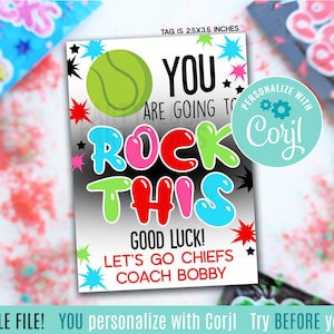 Tenis editable Vas a rockear esta buena suerte Etiquetas de regalo imprimibles Pop Candy Rocks Tratar Torneo Partido Campeonato Regional Estatal