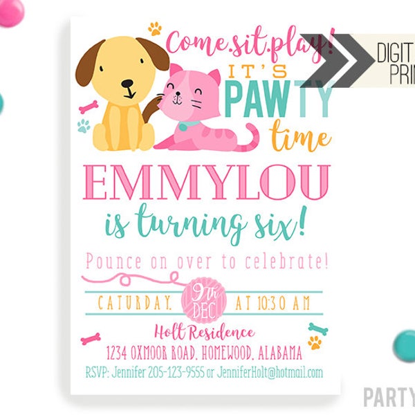 Puppy Kitten Birthday Invitation | Digital or Printed | Puppy Party | Cat Invite |  Kitty Invite |  Puppy Invitation | Modern Dog Cat Invite