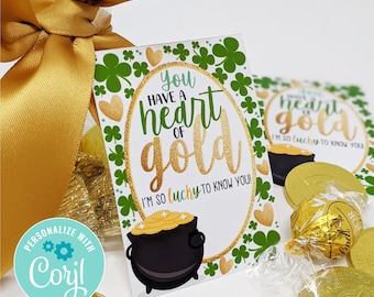 Editable St. Patrick's Day Printable, Heart of Gold Gift Tag,  Lucky To Know You, Friend Appreciation Coworker Office Staff Neighbor Team