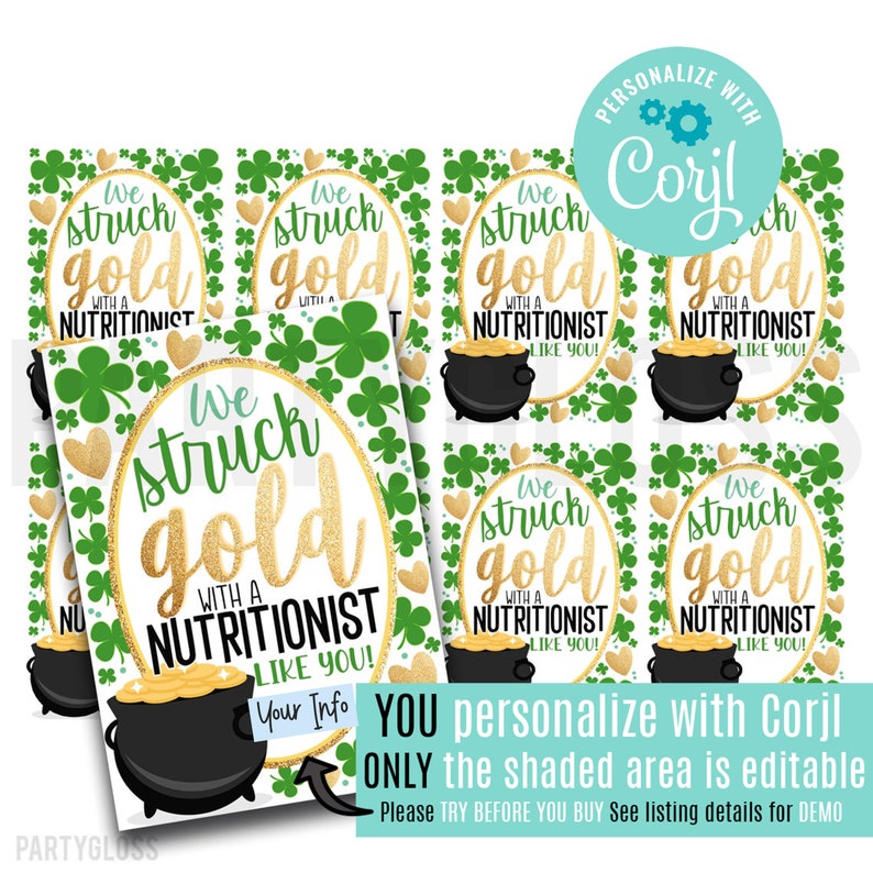 Editable Nutritionist Month Printable Tags, We Struck Gold With A Nutritionist Like You Dietitian, Health Care Nutrition Consultant Tag image 2