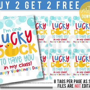 Rubber Duck Valentine&#39;s Day Printable Tags, Lucky To Have You In My Class, Non Food, From Teacher, Kids School, Preschool, Gift For Students