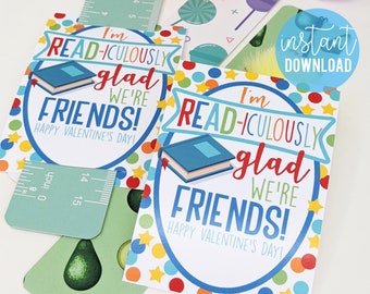 Bookmark Valentine's Day Printable Tag Book Valentine Readiculously Glad We're Friends Card Class Team Friend Neighbor Classmate Daycare Bus