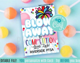 Editable Cheer Blow Away The Competition Etiquetas de regalo imprimibles Buena suerte Gran día del juego Conoce al Jamboree Cheer Camp Squad Candy Sucker Lollipop Gum