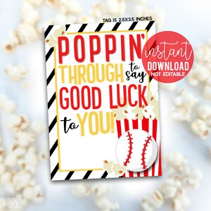 Baseball Popcorn Good Luck Druckbare Geschenkanhänger, Popping Poppin Bag Snack Treat Tag Zustand Playoffs Spieltag Team behandelt Turnier Teammate
