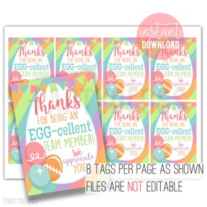 Easter Team Member Appreciation Printable Tags, Staff Employee Spring Treats Gift Coworker Admin Teammate Office Eggcellent Excellent Team