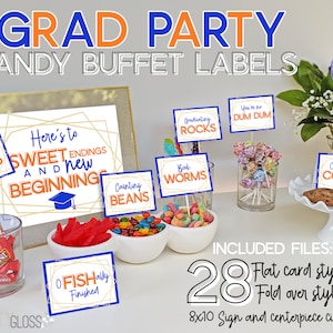 etiquetas do buffet dos doces da graduação | Etiquetas para barras de chocolate | Festa de formatura | Etiquetas de doces de formatura | Sinais de doces de formatura | Sinais de doces laranja azul