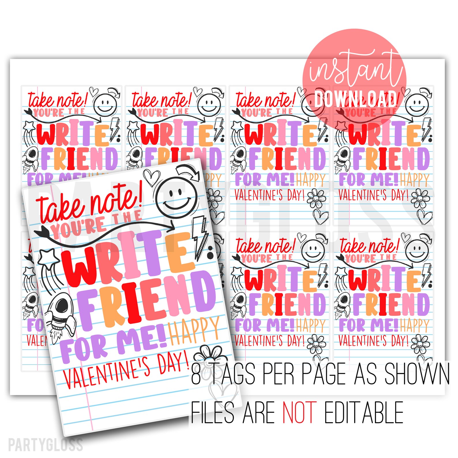 Write Friend Valentine's Day Printable Tags Pencil Pen Take Note Pad ...