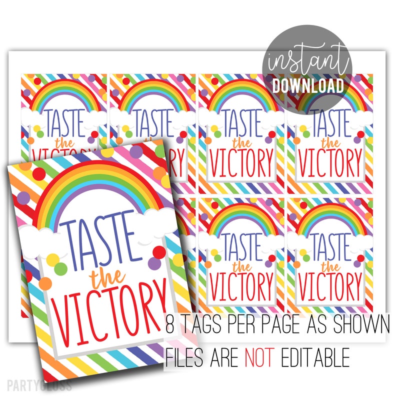 Taste The Victory Good Luck Printable Gift Tags, Conference State Title Competition Game Day Team Treats Sports Teammate Coach Rainbow Candy image 2