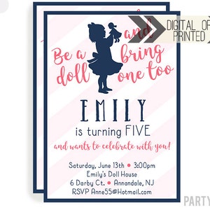 Baby Doll Party Invitation Digital or Printed Dolly Invitation Doll Party Doll Birthday Party Dolly Invitations Navy and Coral image 1