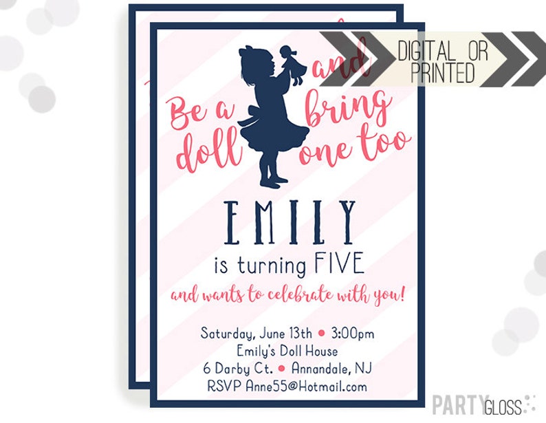Baby Doll Party Invitation Digital or Printed Dolly Invitation Doll Party Doll Birthday Party Dolly Invitations Navy and Coral image 1