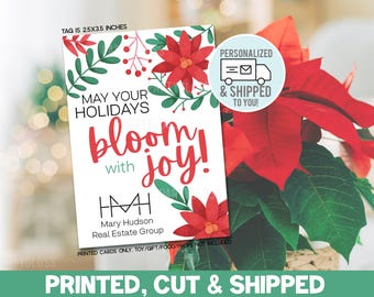 Poinsettia Gift Tags, Personalized, Printed & Shipped, Corporate Holiday Tag, Client Customer Pop By, Marketing Christmas Poinsetta Floral