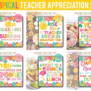 Teacher Appreciation 8.5x11 Printables, Lunch School Staff, PTO PTA, Treats Snacks Teachers Tropical Hawaiian Beach Aloha Tiki Bulk Bundle image 1