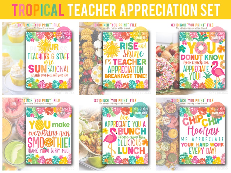 Teacher Appreciation 8.5x11 Printables, Lunch School Staff, PTO PTA, Treats Snacks Teachers Tropical Hawaiian Beach Aloha Tiki Bulk Bundle image 1