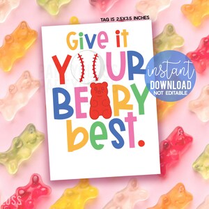 Baseball Give It Your Beary Best viel Glück druckbare Geschenkanhänger, Gummibärchen Candy Tag Zustand Playoffs Spieltag Team behandelt Turnier Teammate