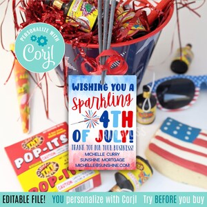 Editable 4th of July Sparkler Marketing Printable Tags, Drop By Client Gift Holder Marketing Pop By Wishing You A Sparkling 4th of July