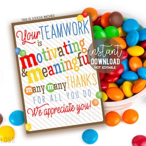 Teamwork Employee Appreciation Printable Gift Tags, Employee MM Candy Favor Tag Team Teammate Thank You Staff Office Coworker Faculty PTA