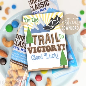 Etiquetas de regalo imprimibles de Cross Country Trail Mix, en el camino hacia la victoria Buena suerte X Competencia de encuentro de países Golosinas de bocadillos de larga distancia