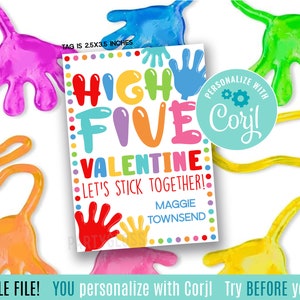 Editable Sticky Hand High Five Etiquetas imprimibles del día de San Valentín, no alimentario, manos pegajosas pegadas a ti Slime Slimy Stretchy Class Stick Together