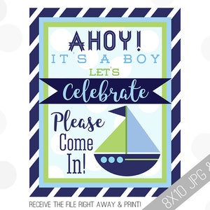 Nautical Baby Shower Printable 8x10 Sign, Entryway Welcome In Signage Ahoy It&#39;s A Boy Door Signs Navy Blue Green Front Door Come On In
