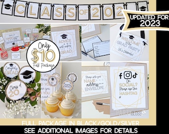Paquete imprimible de graduación / Fiesta de graduación de plata de oro negro / Clase de 2023 / Graduación imprimible / Decoración de graduación imprimible / USTED IMPRIMIR