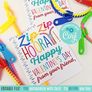 Editable Zipper Bracelet Valentine&#39;s Day Printable Tags Zip Zip Hooray Valentine Non Food Class Team Friend Neighbor Classmate Daycare Bus