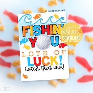 Golf Fishin' You Tanta fortuna Cattura quella vinci Etichette regalo stampabili Torneo Invito Scuola Partita Snack Corso a squadre Pesci rossi Compagni di squadra