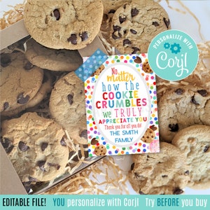 Editable Crumble Cookie Appreciation Printable Tag | Printable Cookie Tags | PTO PTA | Cookie Tags | Employee Teacher Staff Team Corjl PG999