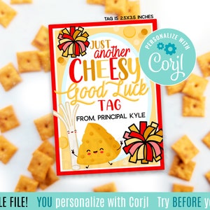 Bearbeitbare Cheer Cheesy Good Luck Druckbare Geschenkanhänger, Käse-Cracker-Stick-Snacks für das Regionskommando des Landes