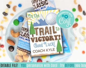 Editable Golf Trail Mix Printable Gift Tags, On The Trail To Victory Good Luck Tournament Invitational School Match Snacks Team Tag Course