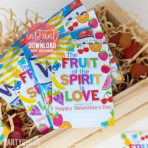 Tarjetas de San Valentín con bocadillos de frutas, El fruto del Espíritu es el amor, Etiqueta de amigos de la clase, San Valentín cristiano bíblico, Delicias para la escuela bíblica