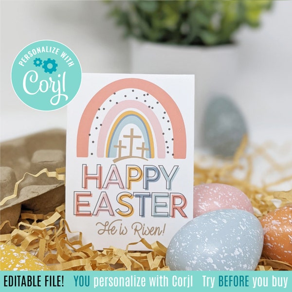 Editable Happy Easter He Is Risen Printable Tags Boho Rainbow Sunday School Treats Christian Private School Youth Group Bible Study Service