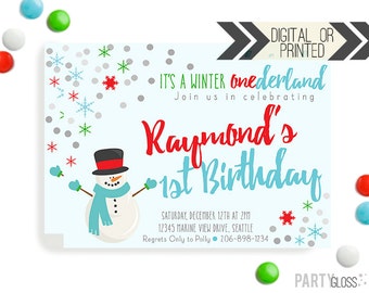 Snowman Birthday Invitation | Digital or Printed | Snowman Invitation | Onederland Invite | Red Aqua Green Birthday Invitation | Snowman